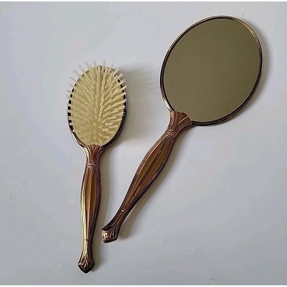 Vintage Handheld‎ Vanity Mirror Brush Set Brass Handle Ornate Floral Art Deco
